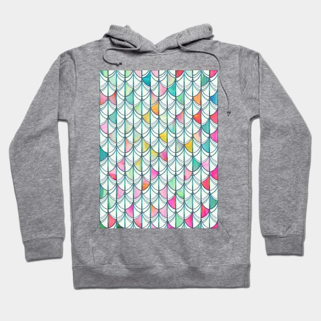 Pencil & Paint Fish Scale Cutout Pattern - white, teal, yellow & pink Hoodie by micklyn